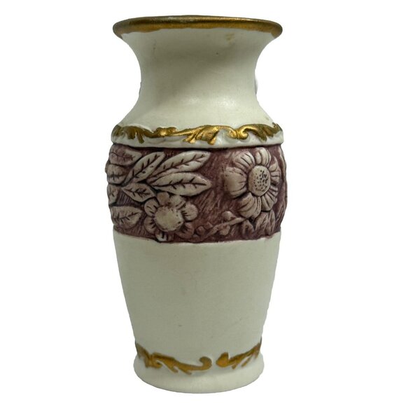 Flomo Ceramic Bud Vase 5.5" Raised Rose Floral Gold Trim Vintage Accent - Picture 3 of 6